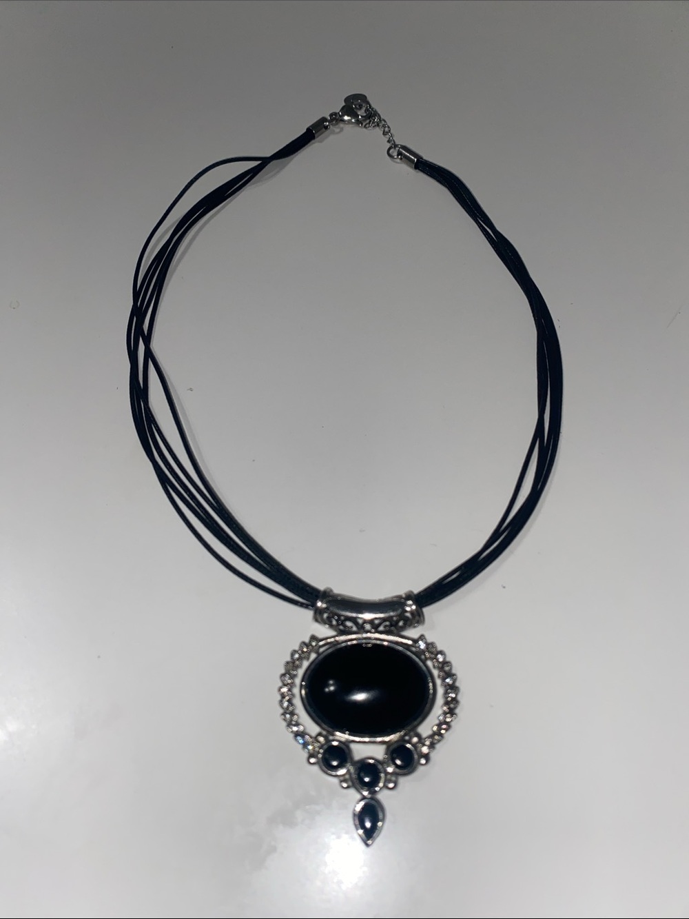 Vintage Black Multi-Strand Silver Tone Pendant Necklace
